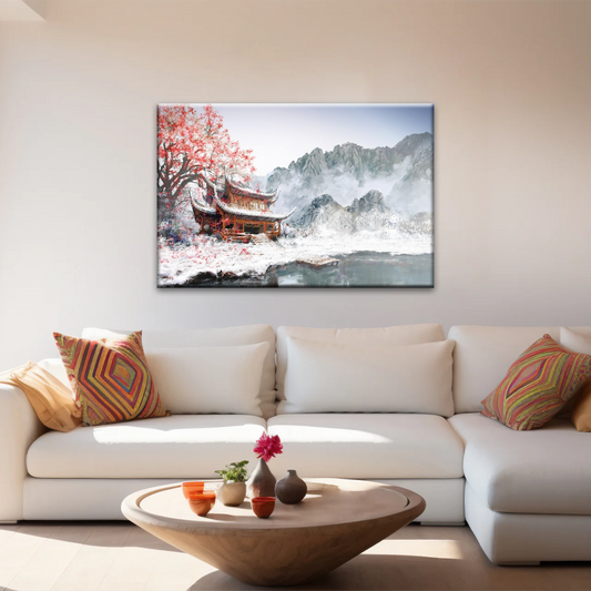 Brown Pagoda Under Red Cherry Blossom Wall Art Home Decor
