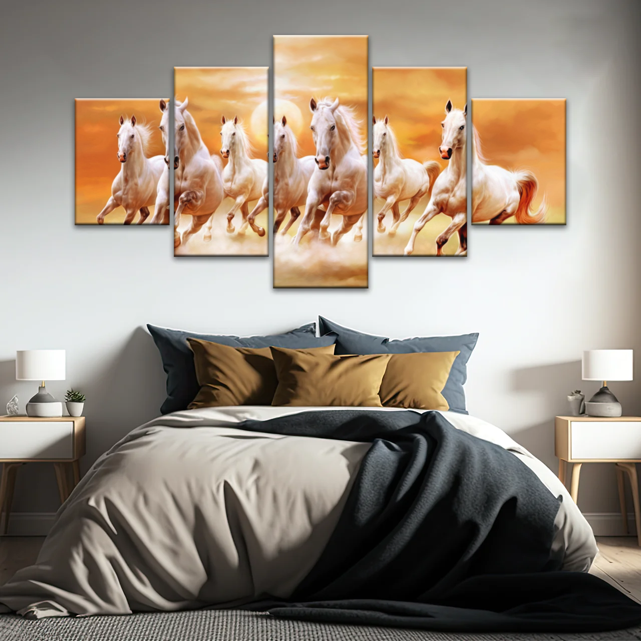 WALLERAA Seven Lucky Running Horses Canvas Prints With Frame