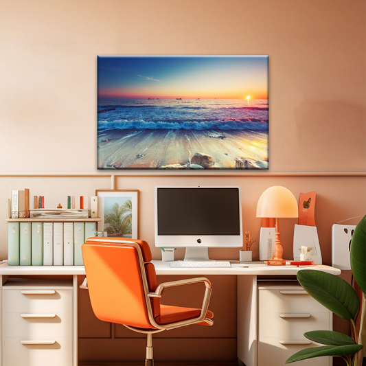 Sunset Sandy Beach Sparkling Waves Cheap Canvas Prints