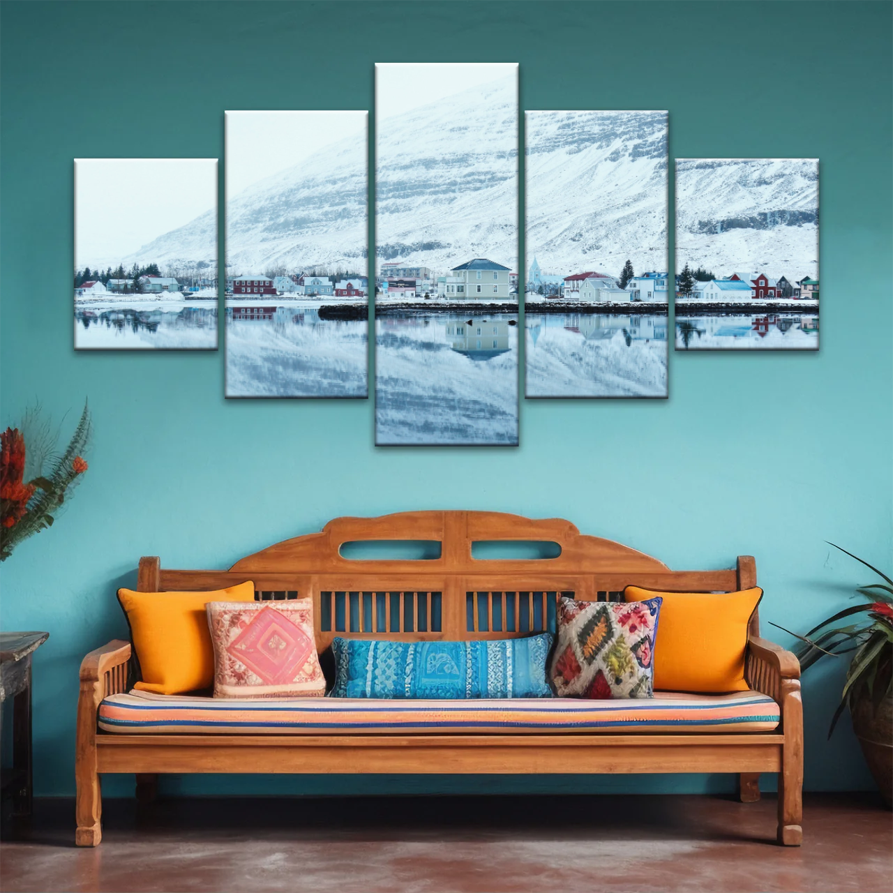 Village by The River Under The Snow-capped Mountains Prints On Canvas