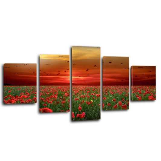 Poppies Flowers Sunset Sky Clouds Birds Canvas Prints Wall Art Home Decor - Canvas Print Sale