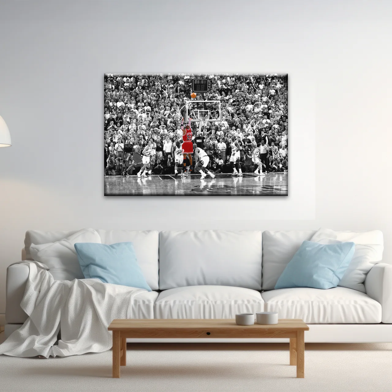 Basketball Superstar Jordan Nice Shot In Red Selective Coloring Photo Canvas