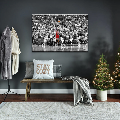 Basketball Superstar Jordan Nice Shot In Red Selective Coloring Photo Canvas