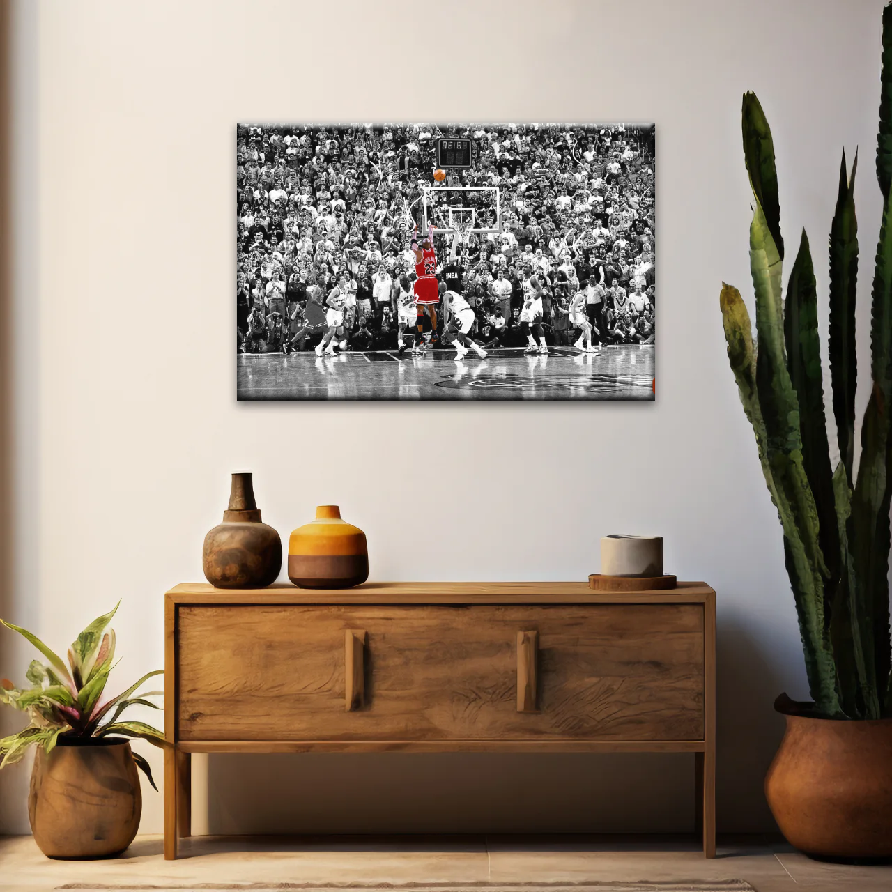 Basketball Superstar Jordan Nice Shot In Red Selective Coloring Photo Canvas