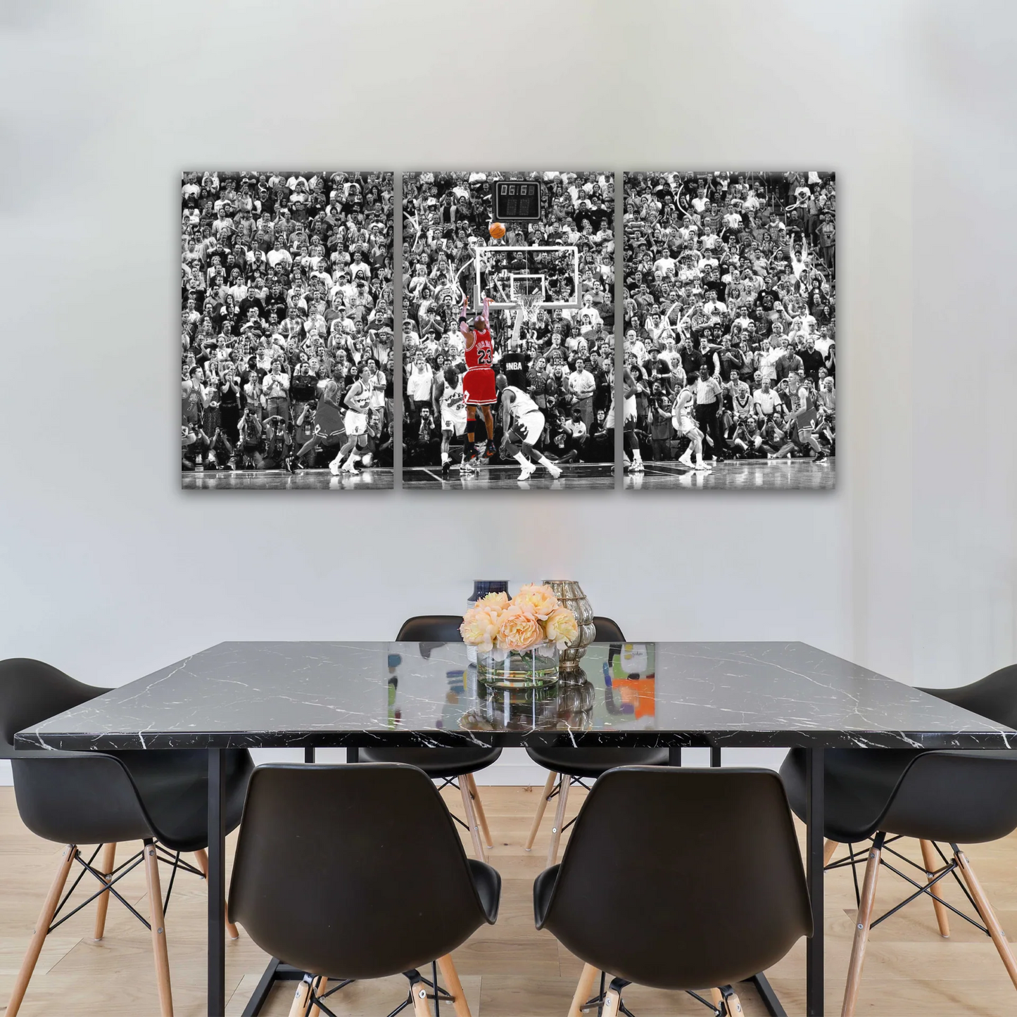 Basketball Superstar Jordan Nice Shot In Red Selective Coloring Photo Canvas