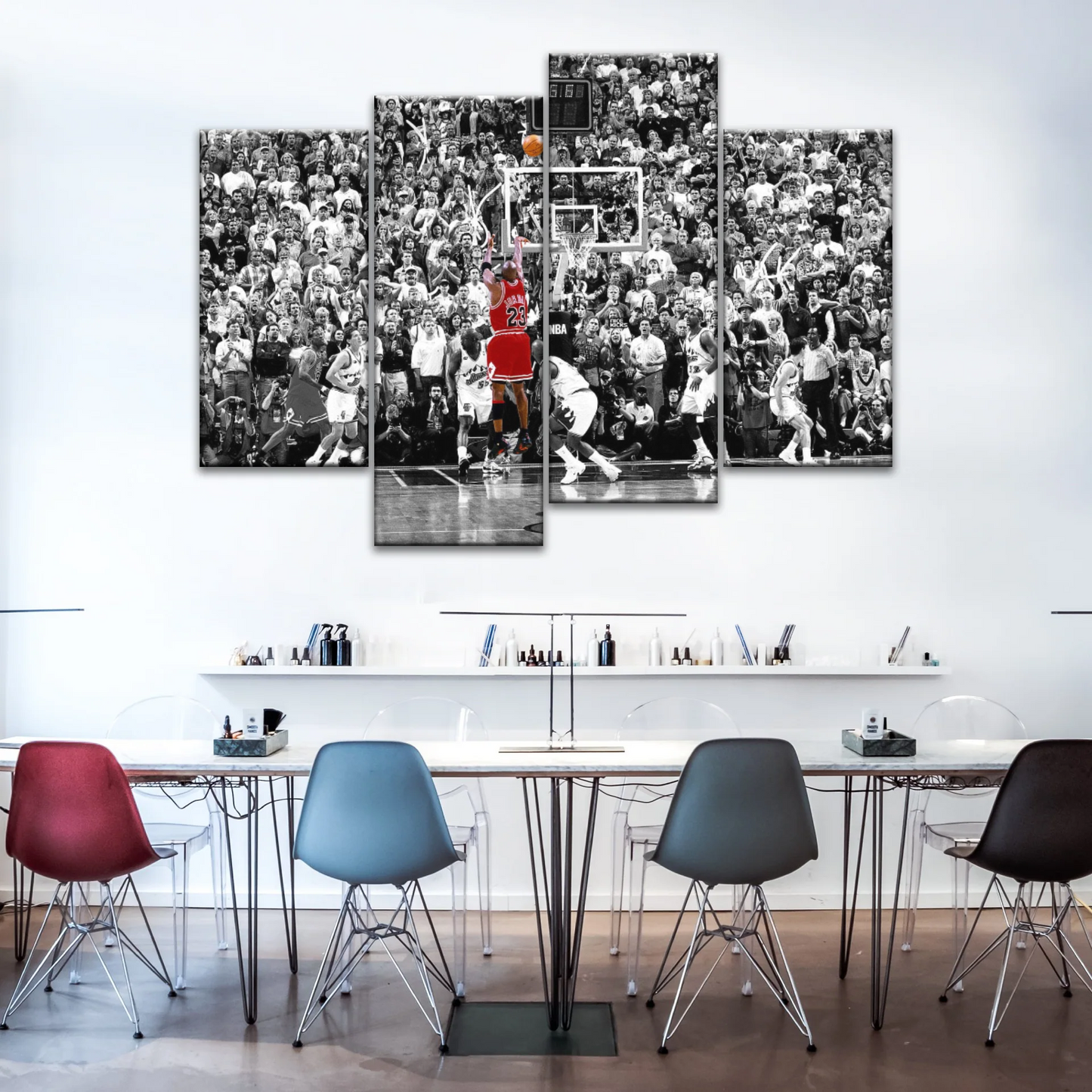 Basketball Superstar Jordan Nice Shot In Red Selective Coloring Photo Canvas