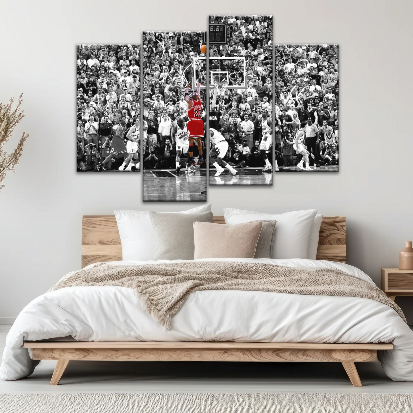 Basketball Superstar Jordan Nice Shot In Red Selective Coloring Photo Canvas