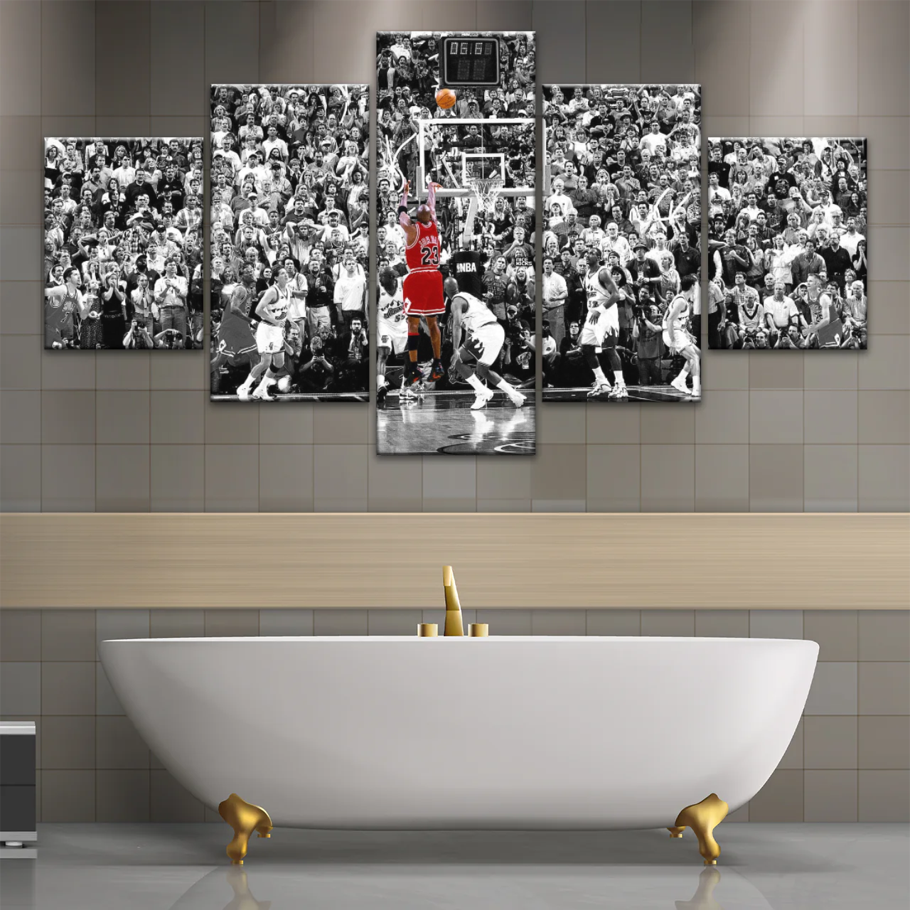 Basketball Superstar Jordan Nice Shot In Red Selective Coloring Photo Canvas