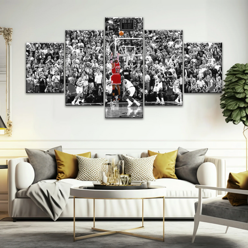 Basketball Superstar Jordan Nice Shot In Red Selective Coloring Photo Canvas