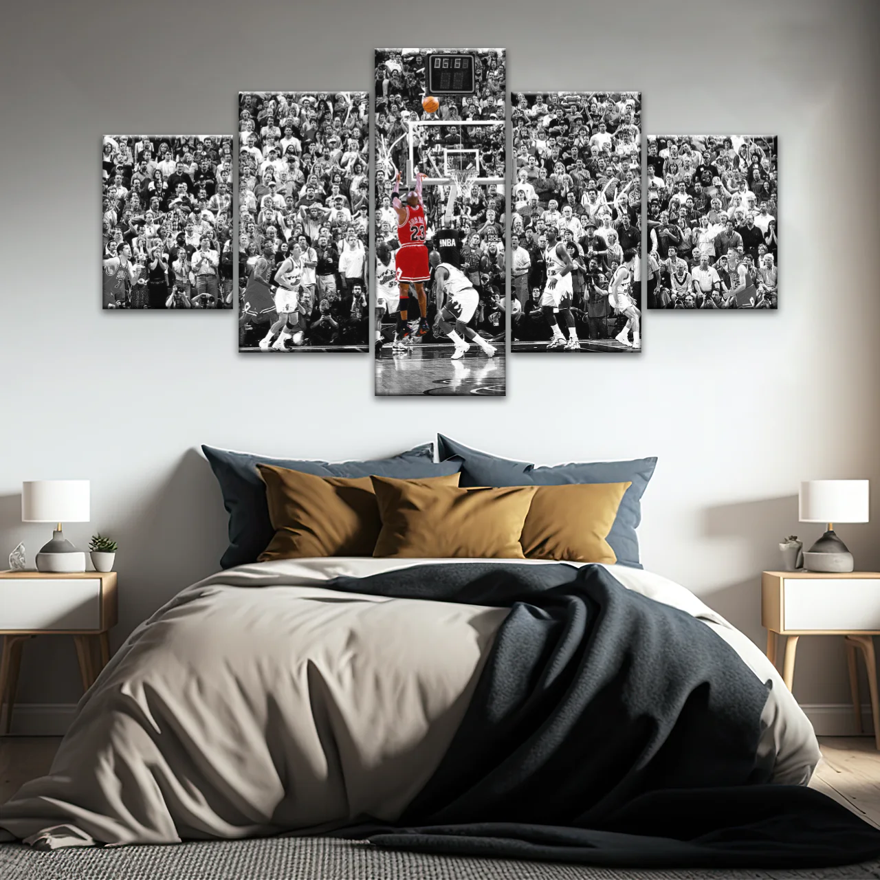 Basketball Superstar Jordan Nice Shot In Red Selective Coloring Photo Canvas