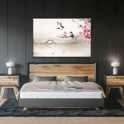 Birds On The Blooming Cherry Tree And Hazy Bridge Art Canvas Prints
