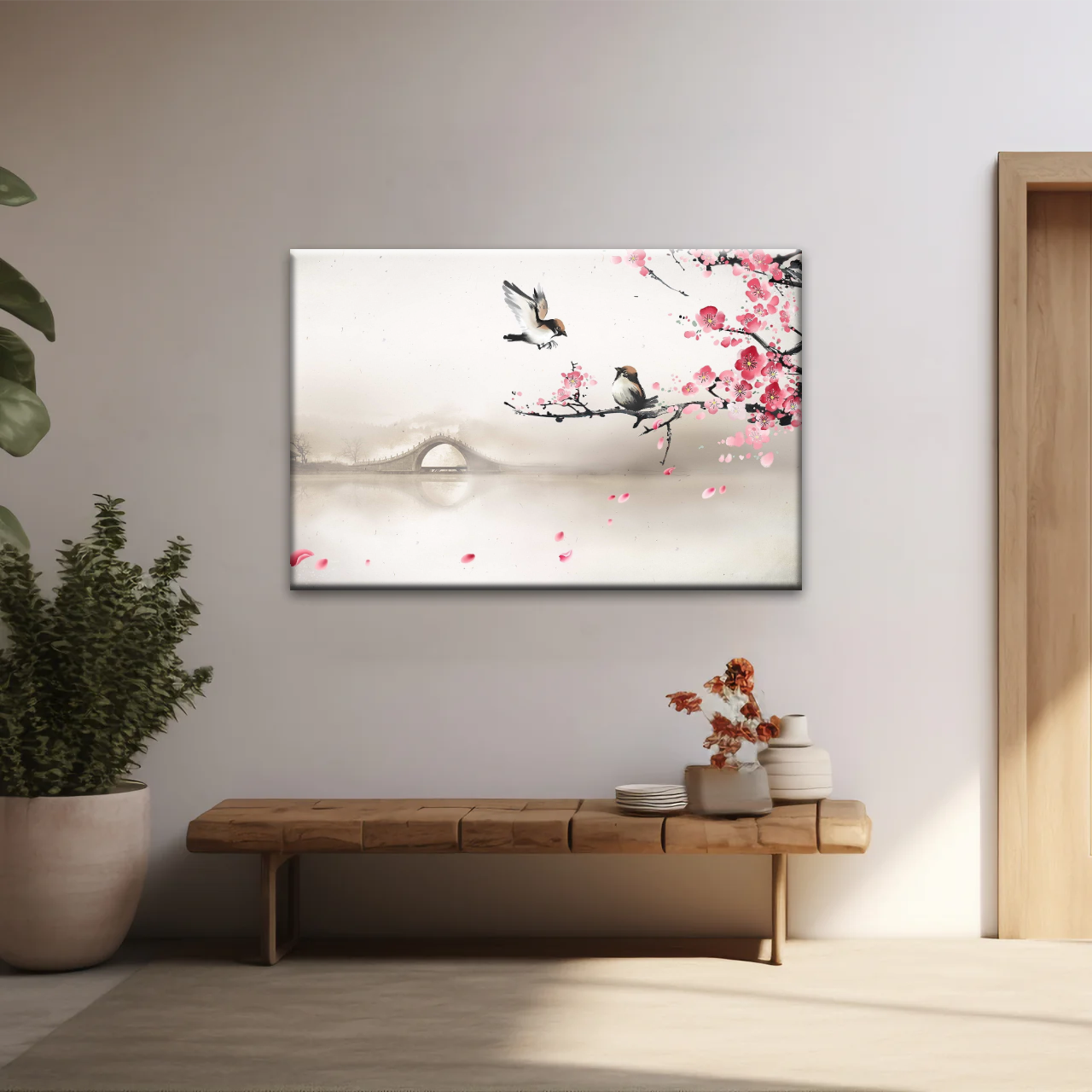 Birds On The Blooming Cherry Tree And Hazy Bridge Art Canvas Prints