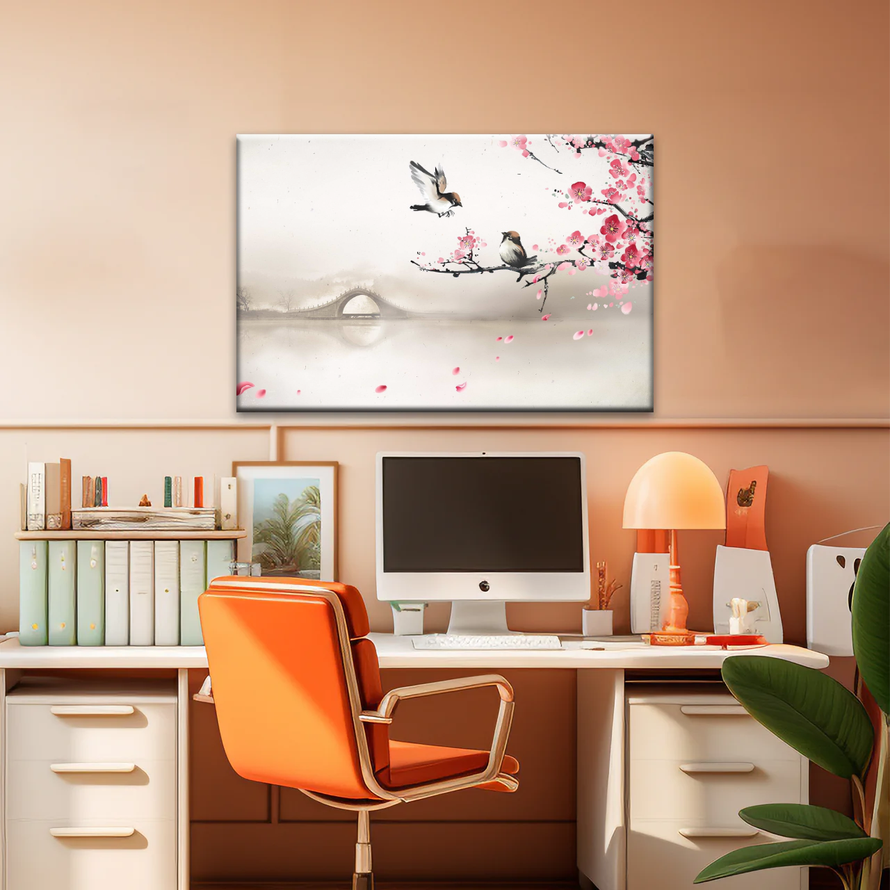 Birds On The Blooming Cherry Tree And Hazy Bridge Art Canvas Prints