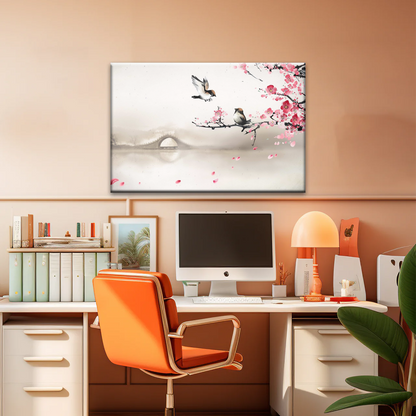Birds On The Blooming Cherry Tree And Hazy Bridge Art Canvas Prints