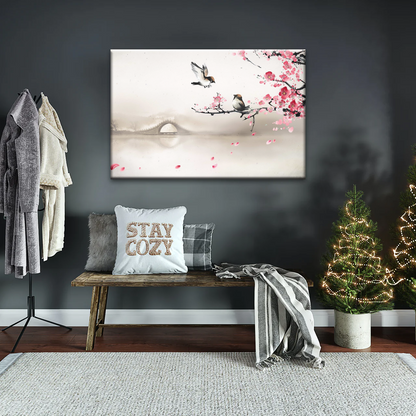 Birds On The Blooming Cherry Tree And Hazy Bridge Art Canvas Prints