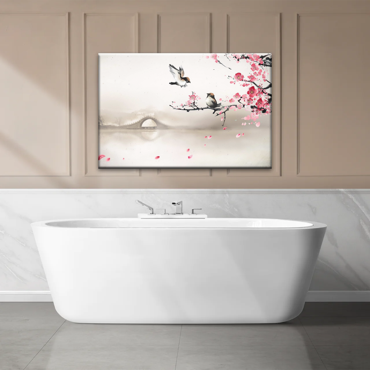 Birds On The Blooming Cherry Tree And Hazy Bridge Art Canvas Prints