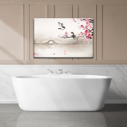 Birds On The Blooming Cherry Tree And Hazy Bridge Art Canvas Prints