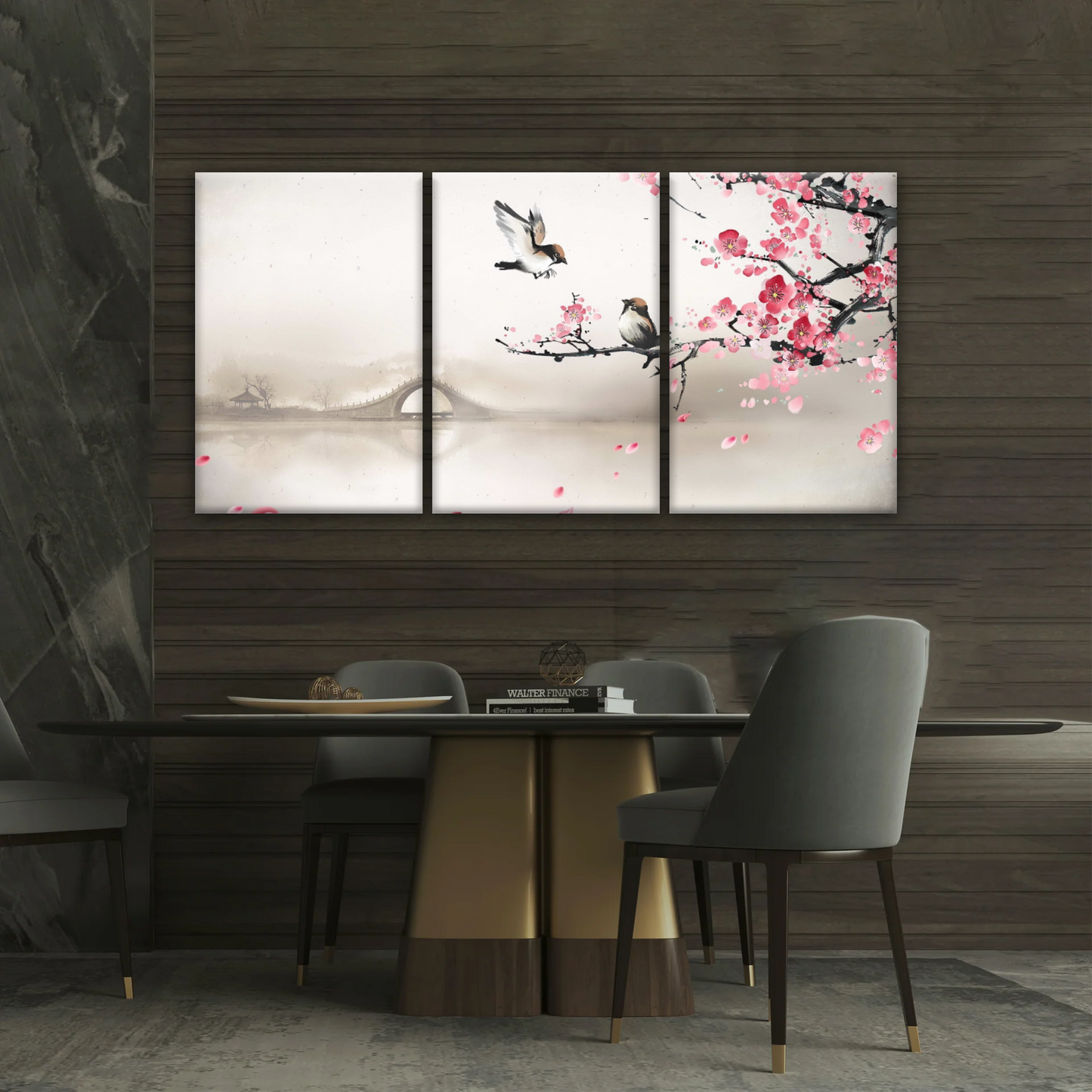 Birds On The Blooming Cherry Tree And Hazy Bridge Art Canvas Prints