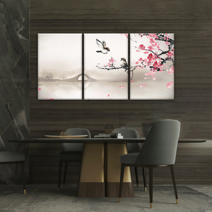 Birds On The Blooming Cherry Tree And Hazy Bridge Art Canvas Prints