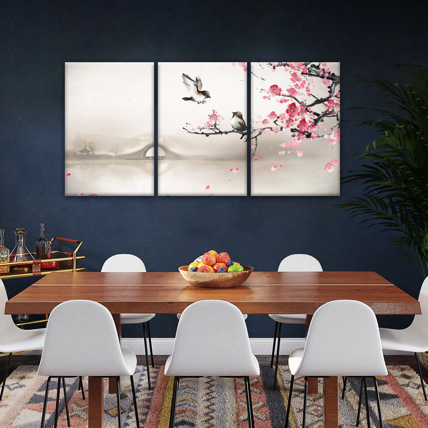 Birds On The Blooming Cherry Tree And Hazy Bridge Art Canvas Prints