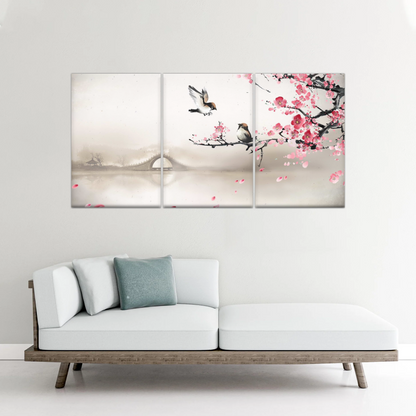 Birds On The Blooming Cherry Tree And Hazy Bridge Art Canvas Prints