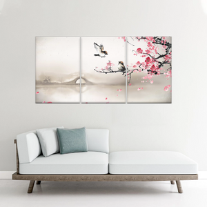 Birds On The Blooming Cherry Tree And Hazy Bridge Art Canvas Prints