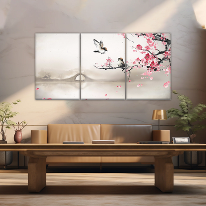 Birds On The Blooming Cherry Tree And Hazy Bridge Art Canvas Prints