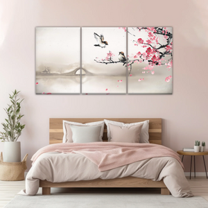 Birds On The Blooming Cherry Tree And Hazy Bridge Art Canvas Prints