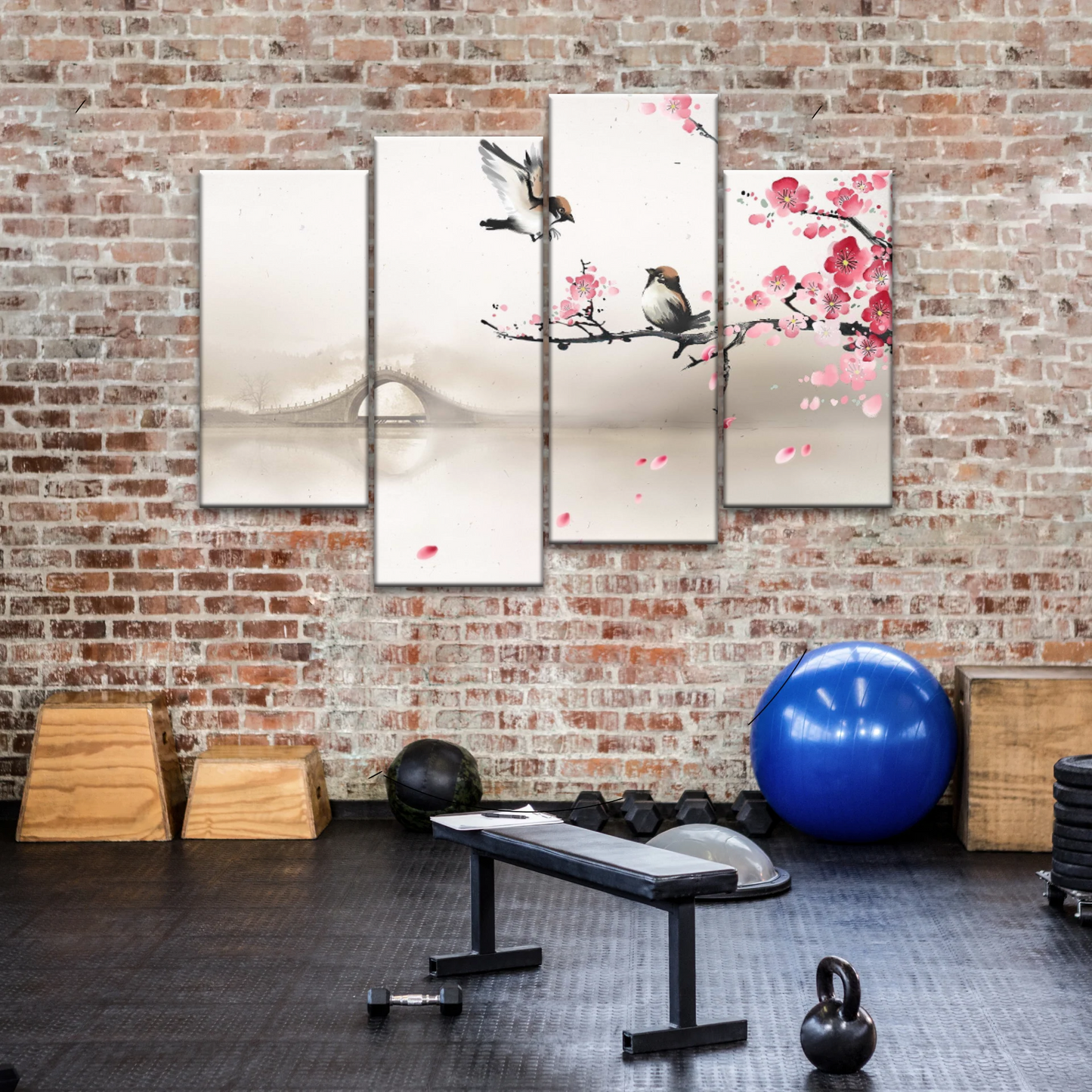 Birds On The Blooming Cherry Tree And Hazy Bridge Art Canvas Prints