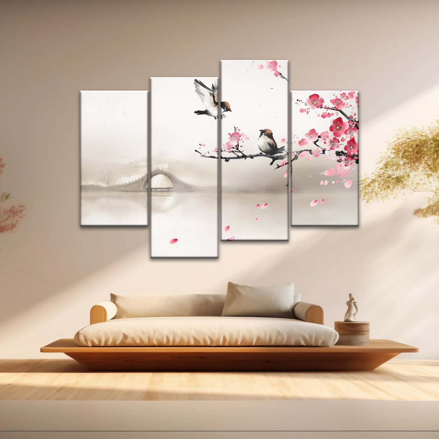 Birds On The Blooming Cherry Tree And Hazy Bridge Art Canvas Prints