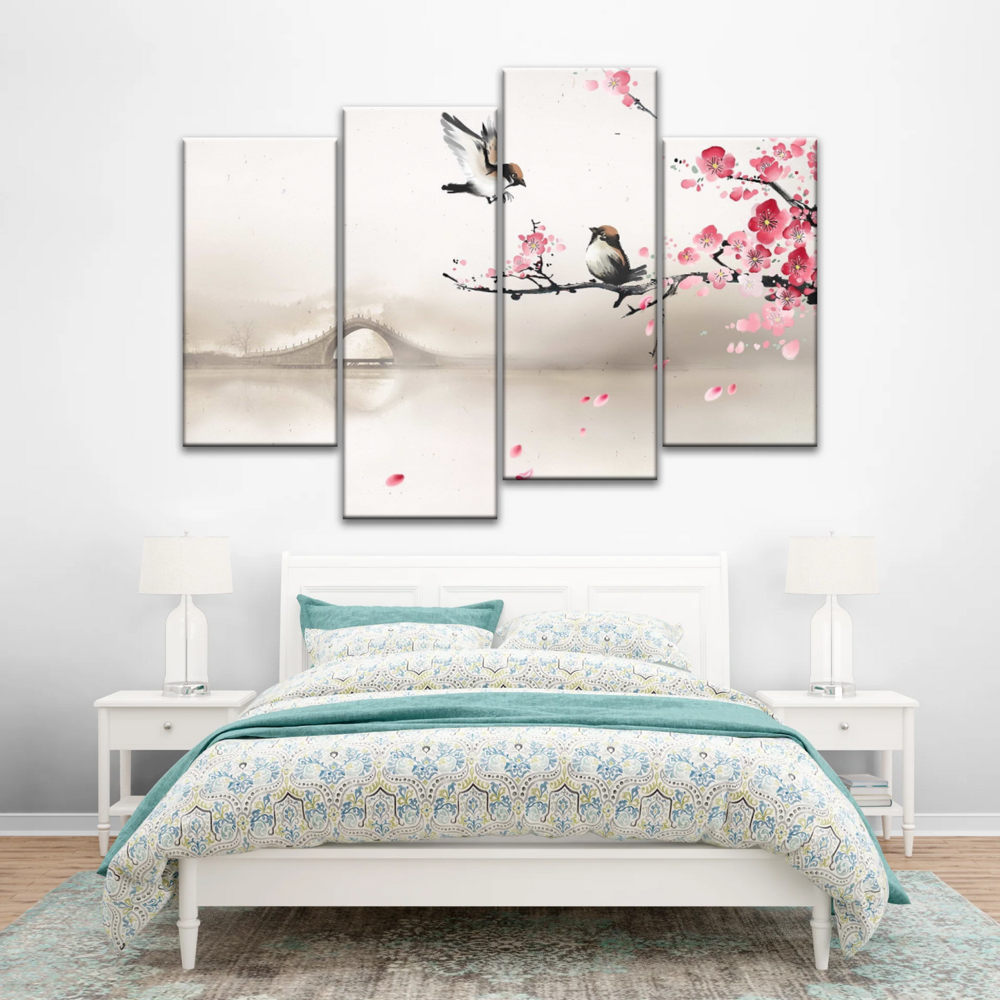 Birds On The Blooming Cherry Tree And Hazy Bridge Art Canvas Prints