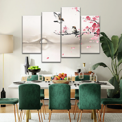 Birds On The Blooming Cherry Tree And Hazy Bridge Art Canvas Prints
