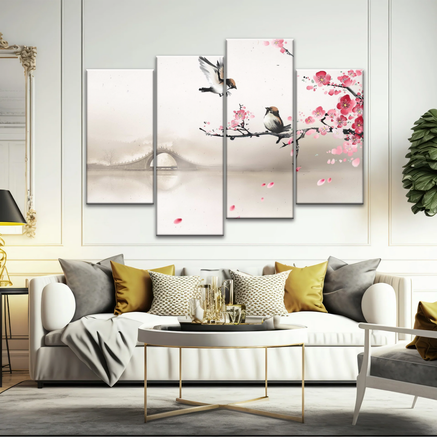 Birds On The Blooming Cherry Tree And Hazy Bridge Art Canvas Prints