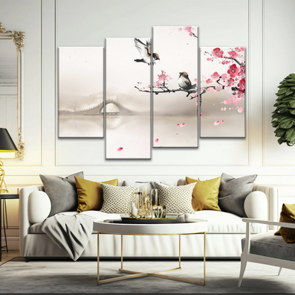 Birds On The Blooming Cherry Tree And Hazy Bridge Art Canvas Prints