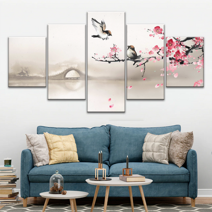 Birds On The Blooming Cherry Tree And Hazy Bridge Art Canvas Prints
