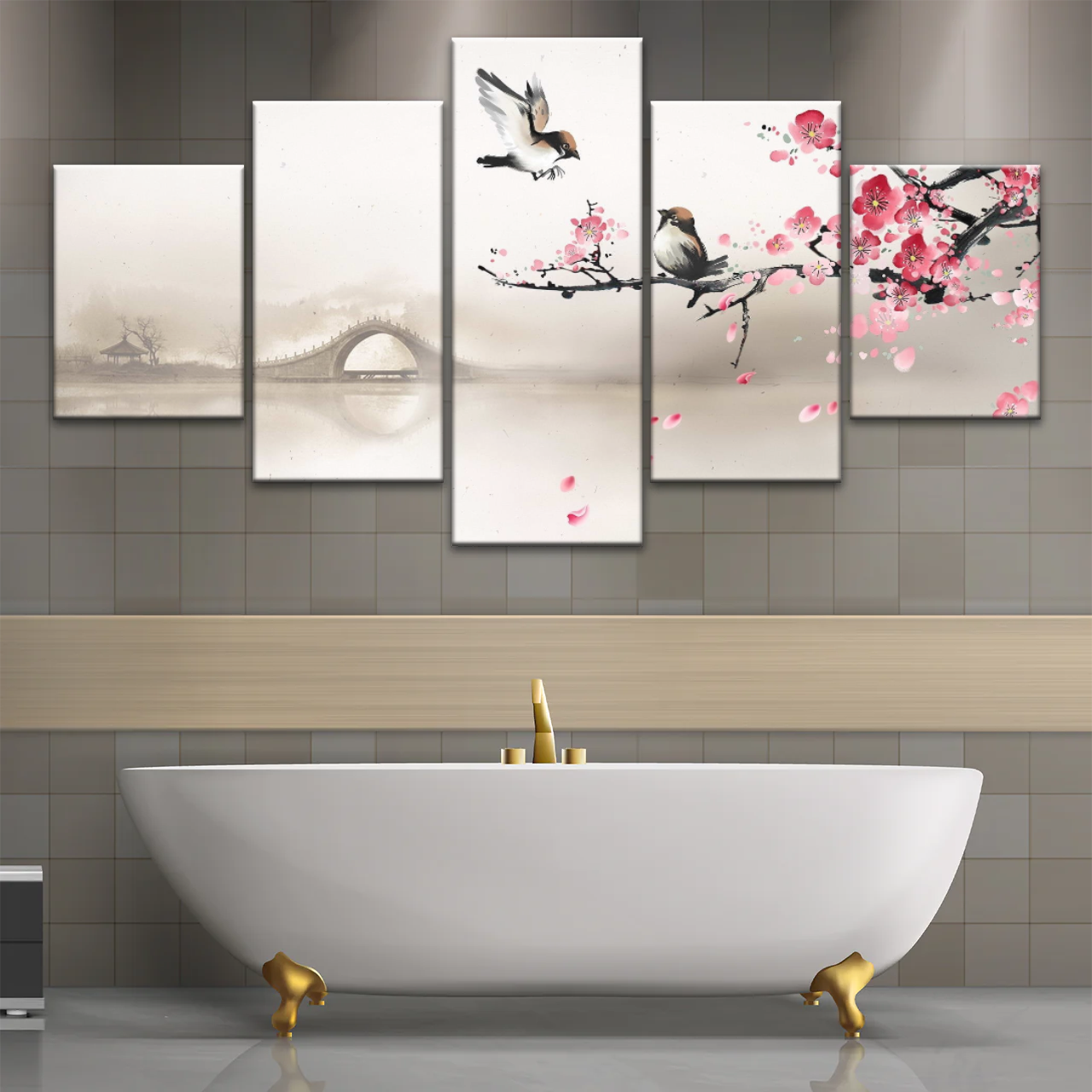 Birds On The Blooming Cherry Tree And Hazy Bridge Art Canvas Prints