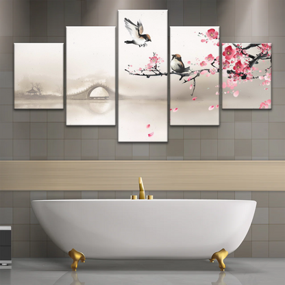 Birds On The Blooming Cherry Tree And Hazy Bridge Art Canvas Prints