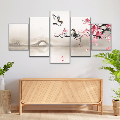 Birds On The Blooming Cherry Tree And Hazy Bridge Art Canvas Prints