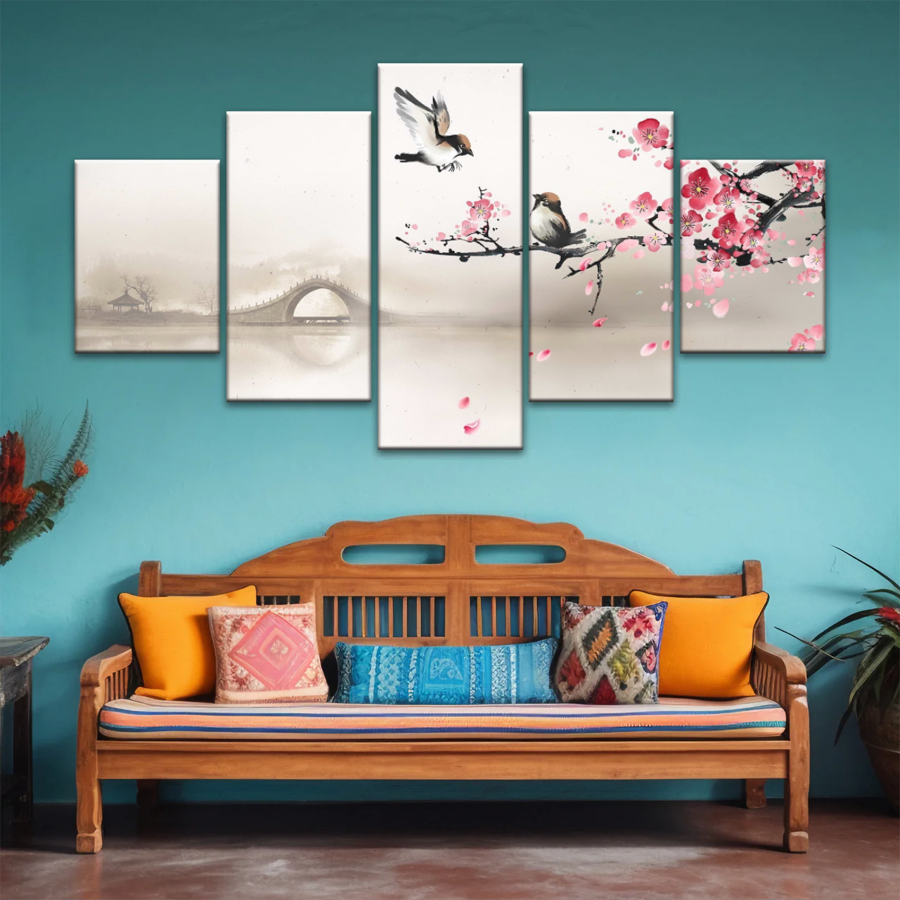 Birds On The Blooming Cherry Tree And Hazy Bridge Art Canvas Prints