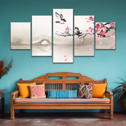 Birds On The Blooming Cherry Tree And Hazy Bridge Art Canvas Prints