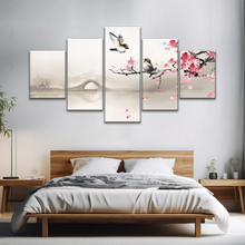 Load image into Gallery viewer, Birds On The Blooming Cherry Tree And Hazy Bridge Art Canvas Prints