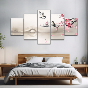 Birds On The Blooming Cherry Tree And Hazy Bridge Art Canvas Prints