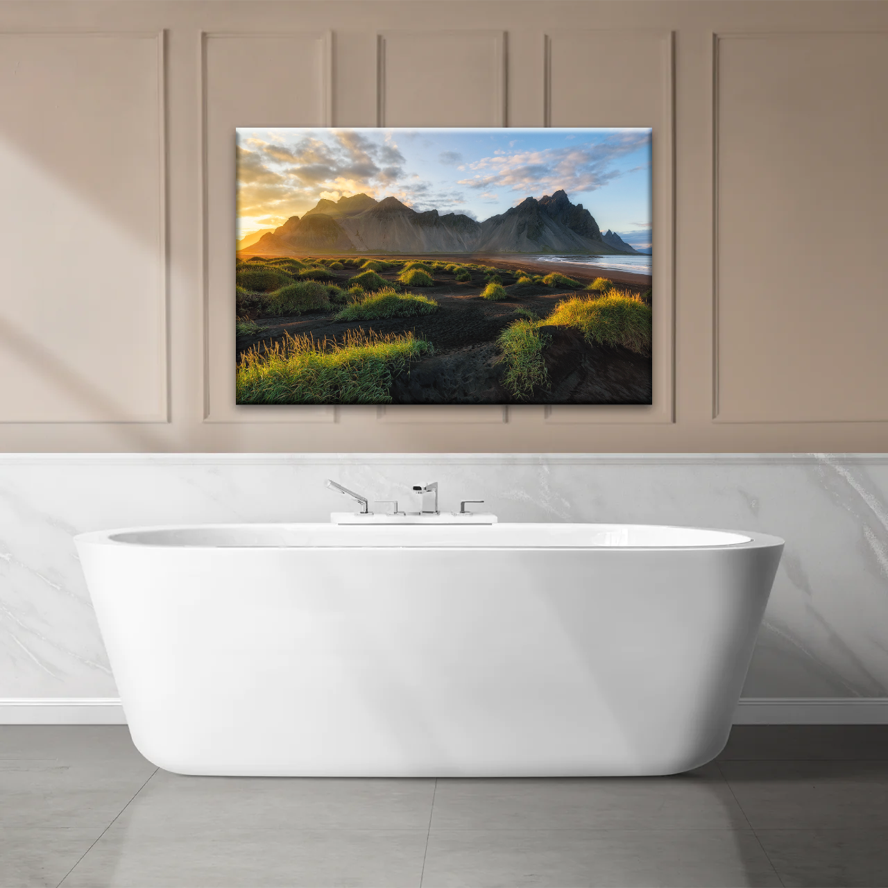 Black Sand Beach In Iceland And Sunset Over Vestrahorn Batman Mountain Framed Canvas Print