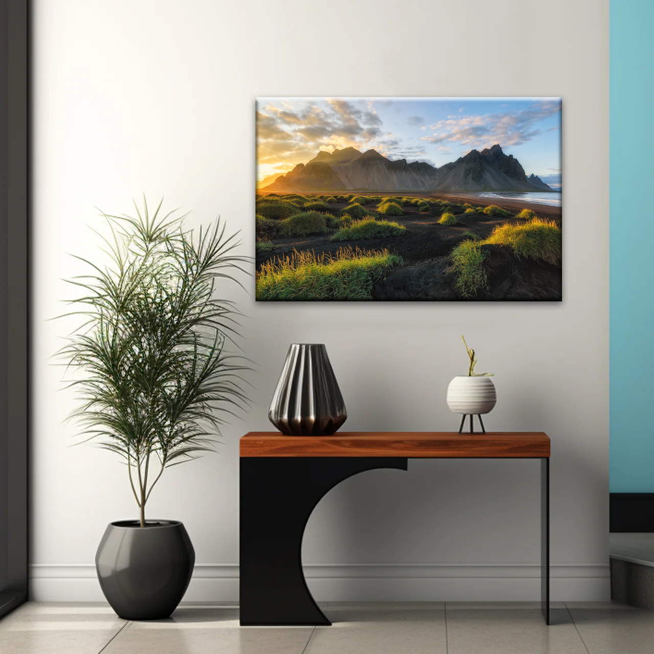 Black Sand Beach In Iceland And Sunset Over Vestrahorn Batman Mountain Framed Canvas Print