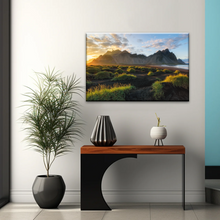 Load image into Gallery viewer, Black Sand Beach In Iceland And Sunset Over Vestrahorn Batman Mountain Framed Canvas Print