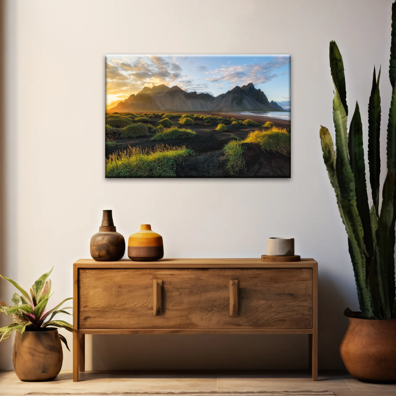 Black Sand Beach In Iceland And Sunset Over Vestrahorn Batman Mountain Framed Canvas Print