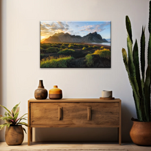 Load image into Gallery viewer, Black Sand Beach In Iceland And Sunset Over Vestrahorn Batman Mountain Framed Canvas Print