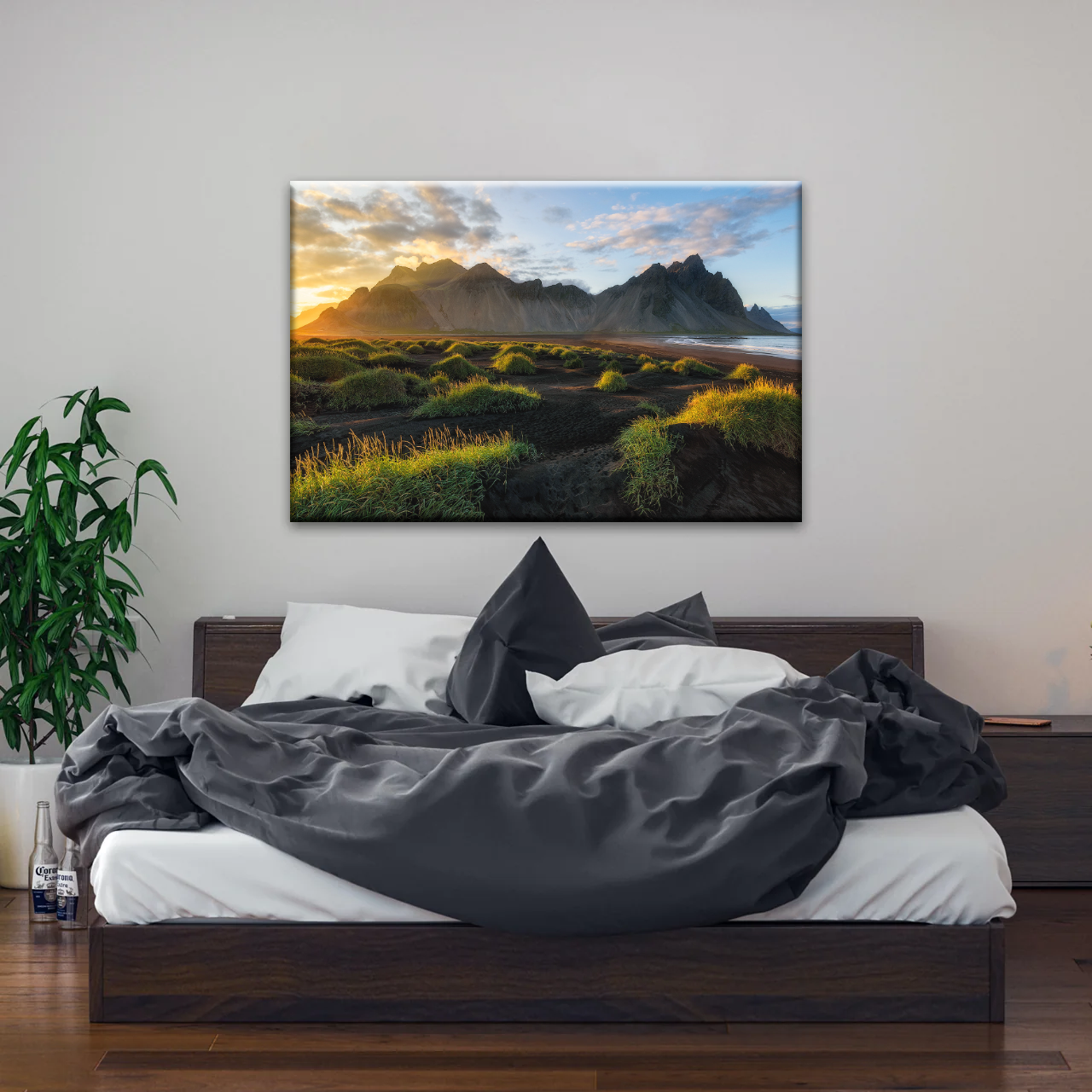 Black Sand Beach In Iceland And Sunset Over Vestrahorn Batman Mountain Framed Canvas Print