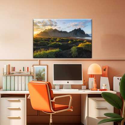 Black Sand Beach In Iceland And Sunset Over Vestrahorn Batman Mountain Framed Canvas Print