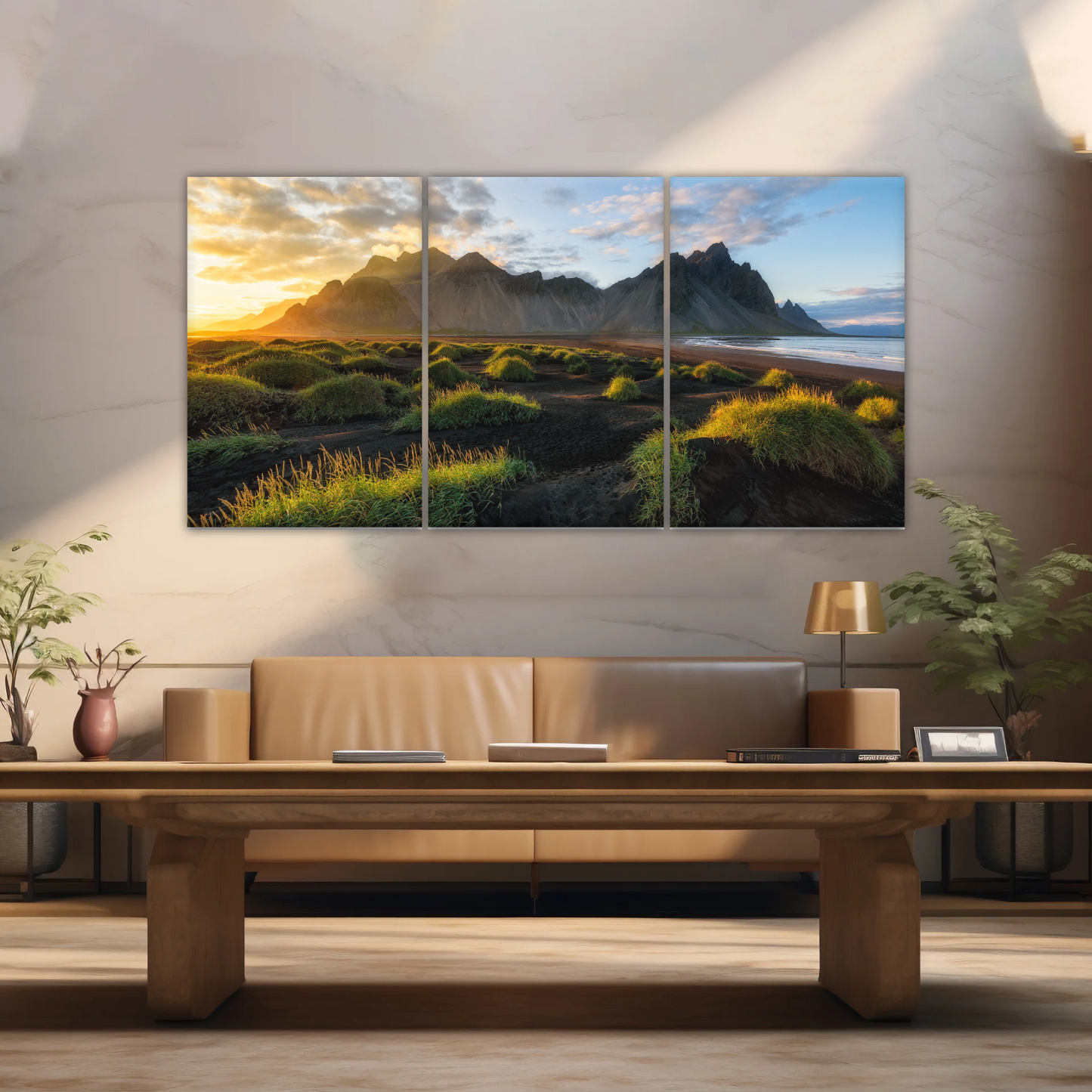 Black Sand Beach In Iceland And Sunset Over Vestrahorn Batman Mountain Framed Canvas Print